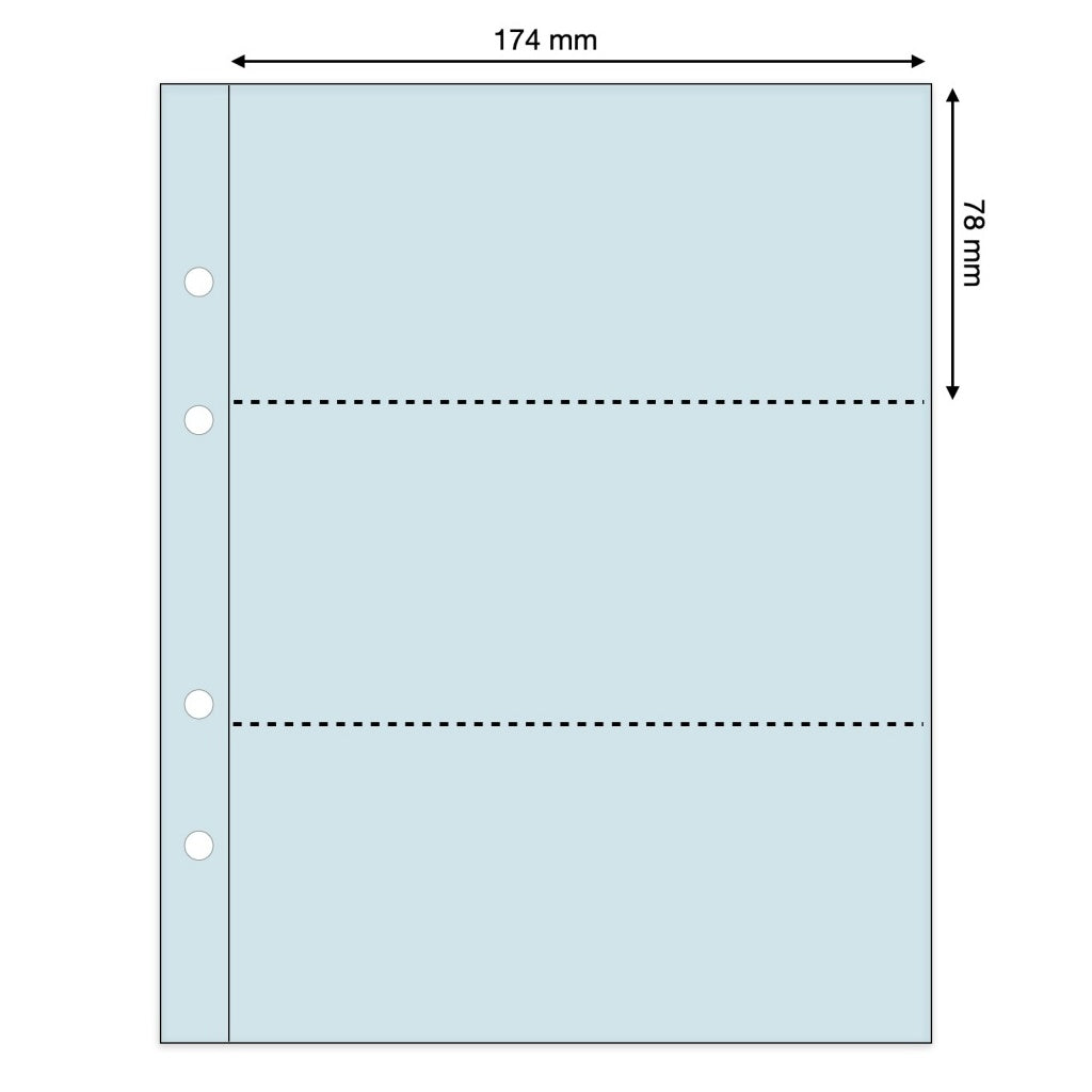 Light blue illustration representing a transparent album page with pocket dimensions on a white background