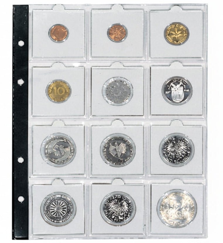 Transparent coin album page with 12 clear pockets holding a collection of 2x2 coin flips on a white background