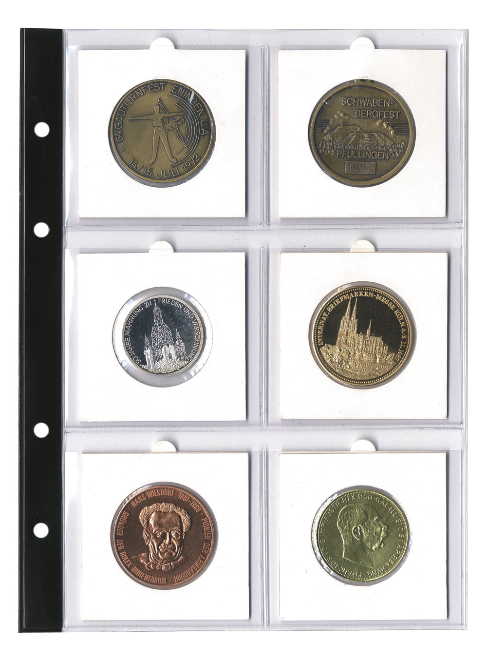 Transparent coin album page with 6 clear pockets holding a collection of large coin flips on a white background