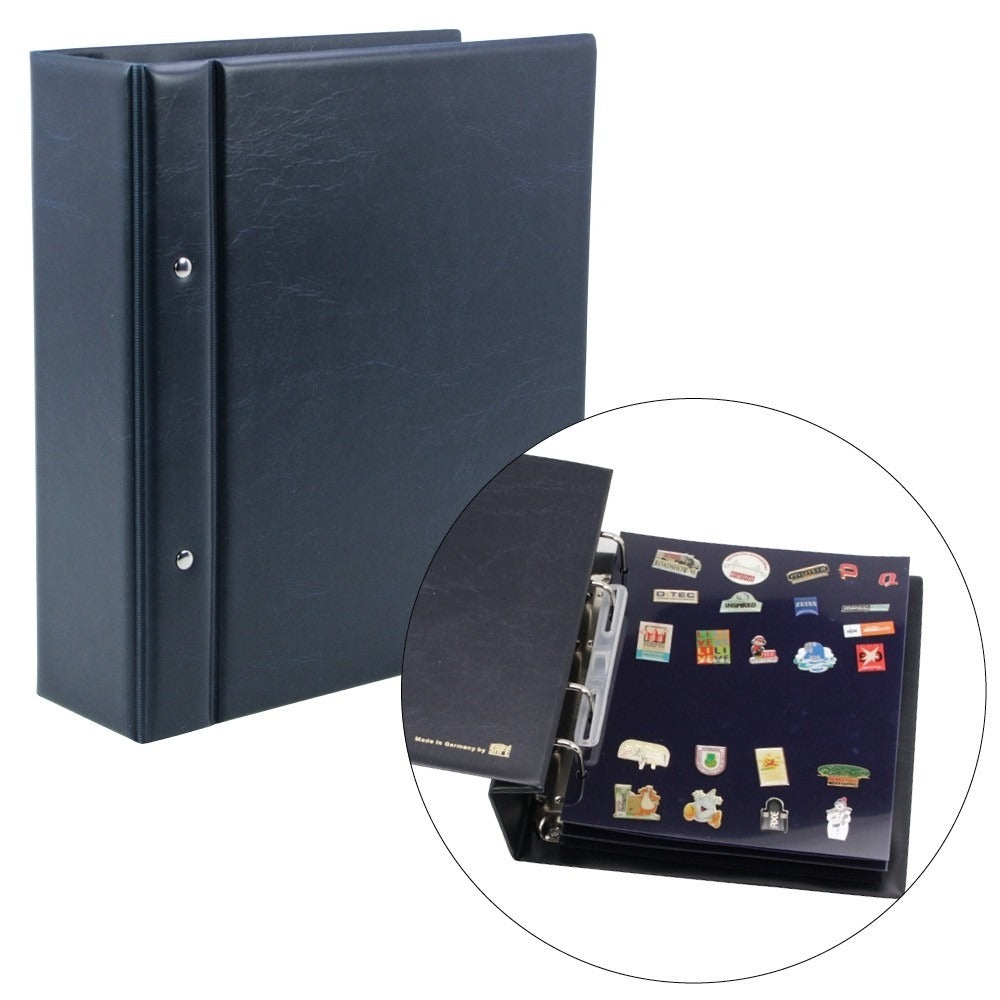Closed blue collectible album with an inset image of an open view of the album showing various small collectible pins on velvet pages on a white background.