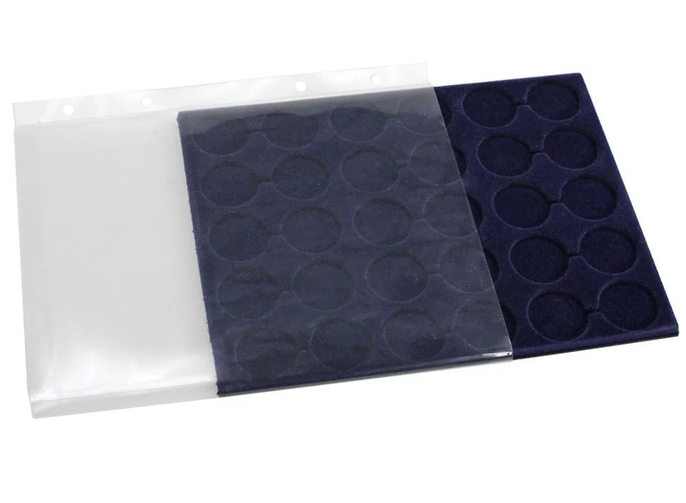 Blue velvet tray insert with circular compartments for bottle caps halfway inserted into the clear protector page on a white background