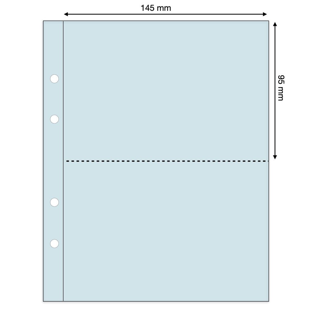 Light blue illustration representing a transparent album page with pocket dimensions on a white background