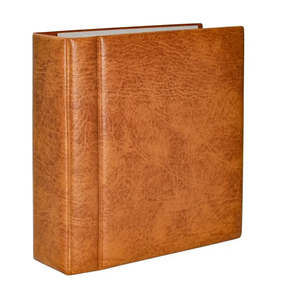 Tan, leather-grained album on a white background