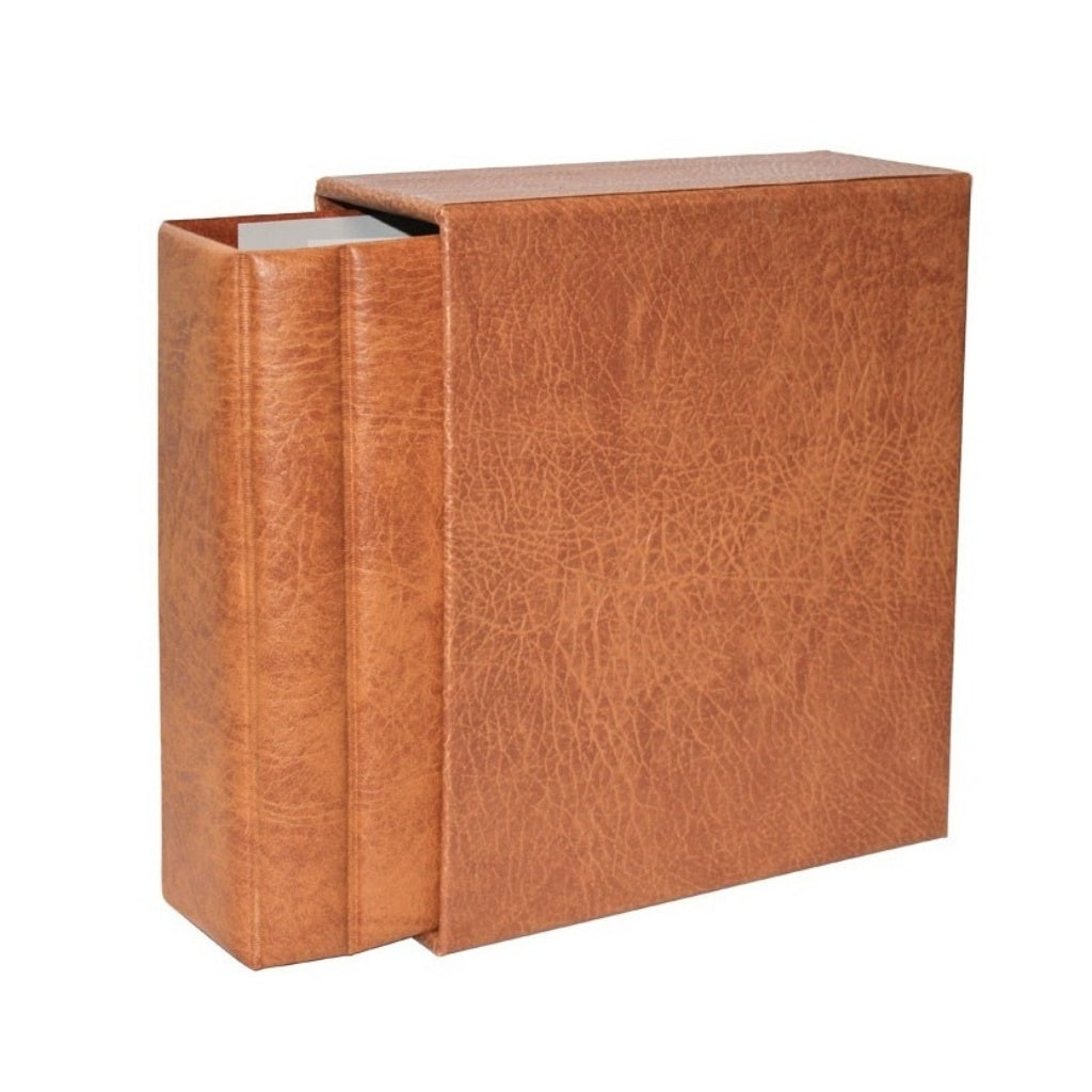 Tan, leather-grained album halfway inserted into the matching slipcase on a white background