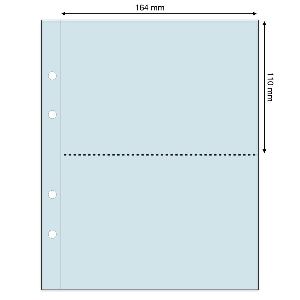 Light blue illustration representing a transparent album page with pocket dimensions on a white background