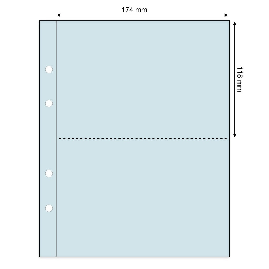 Light blue illustration representing a transparent album page with pocket dimensions on a white background