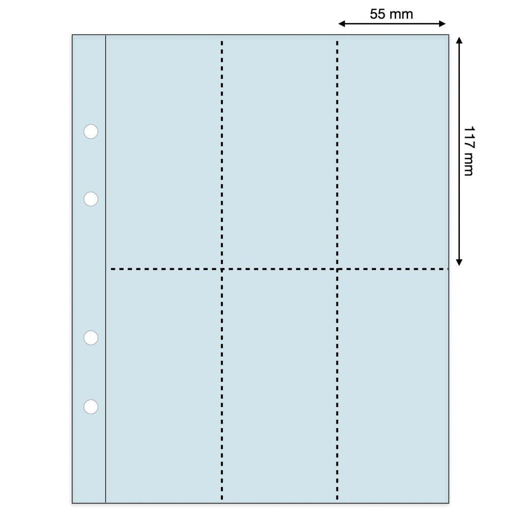 Light blue illustration representing a transparent album page with pocket dimensions on a white background
