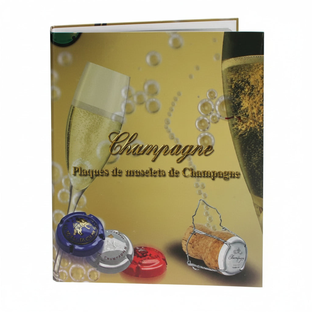 Yellow album for champagne bottle caps with a cover image of champagne glasses, caps and a cork on a white background