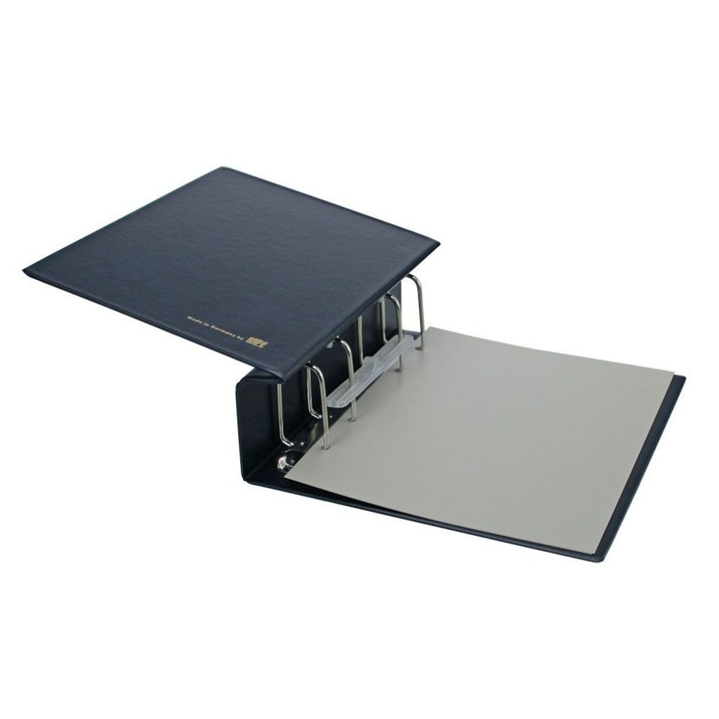 Blue collector album laid open with a 4-ring mechanism on a white background