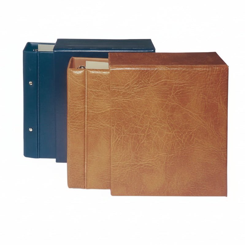 Two binders, one blue and one brown, halfway inside the matching slipcase on a white background