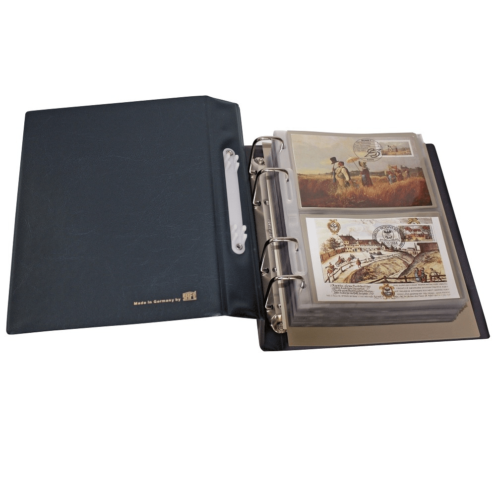 A dark blue four-ring binder with 2-pocket transparent pages holding collectible envelopes, shown open on a plain white background.