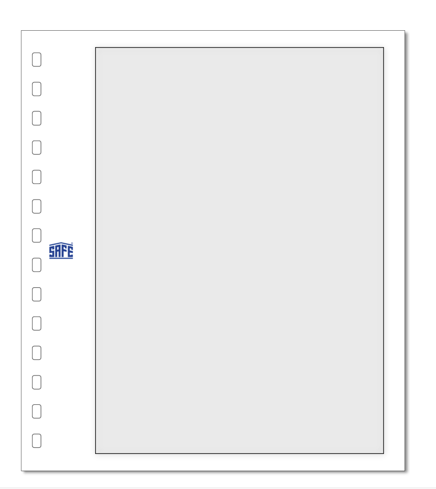 Illustration representing a white album page with a black border & SAFE logo on a white background
