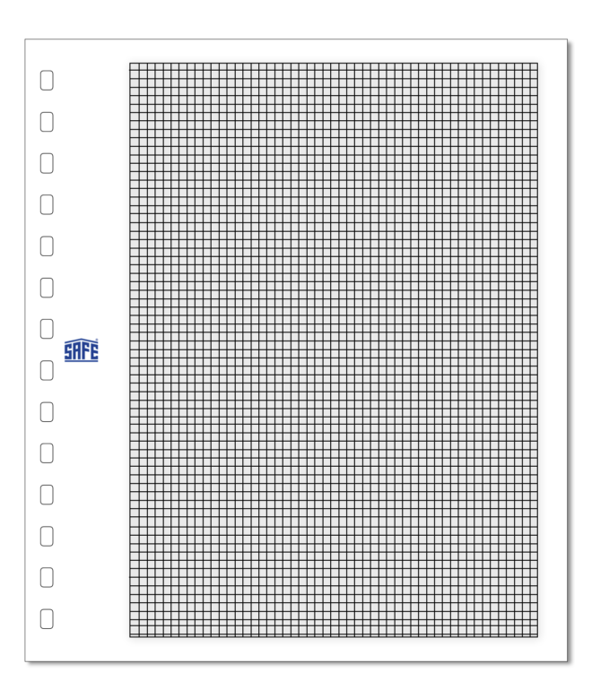 Illustration representing a white album page with a black border, grid & SAFE logo on a white background