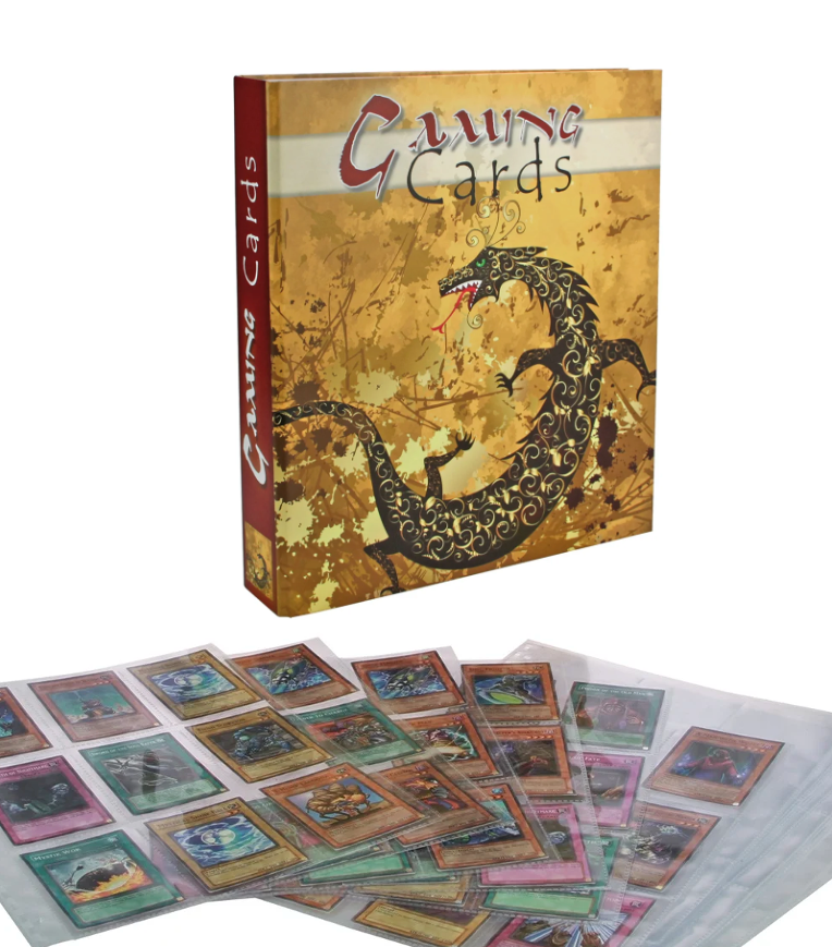 TCG Album with dragon illustration and the title 'Gaming Cards' text on the cover and spine with a spread of trading card pages on a white background