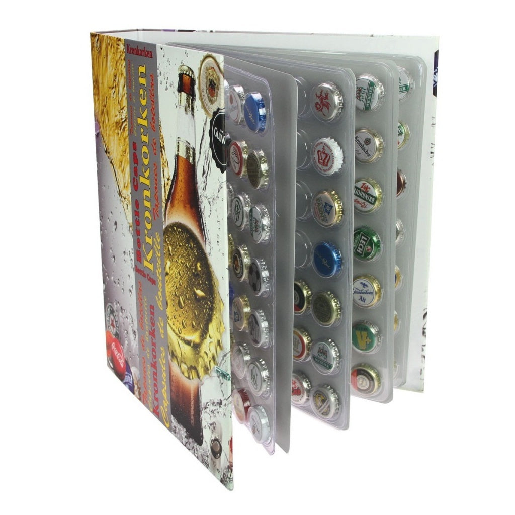 Collection of beer bottle caps in a display album with a decorative beer cover on a white background