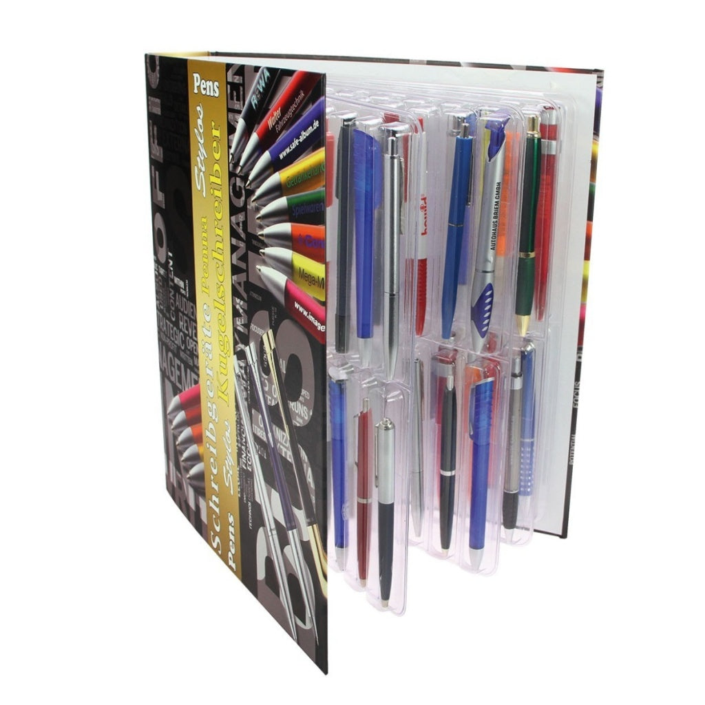 Collection of pens displayed inside the Collecto 4-Ring Album: Pen Edition on a white background.