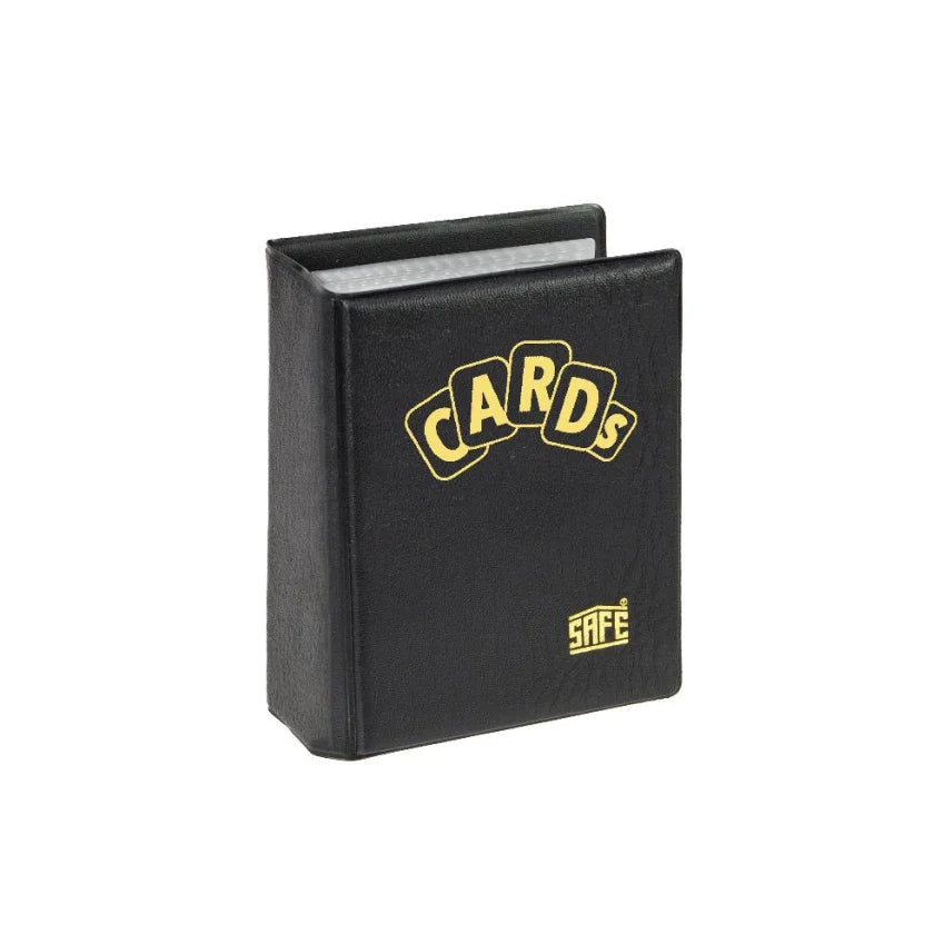 Black mini pocket trading card album with yellow text 'cards' & a SAFE logo on a white background