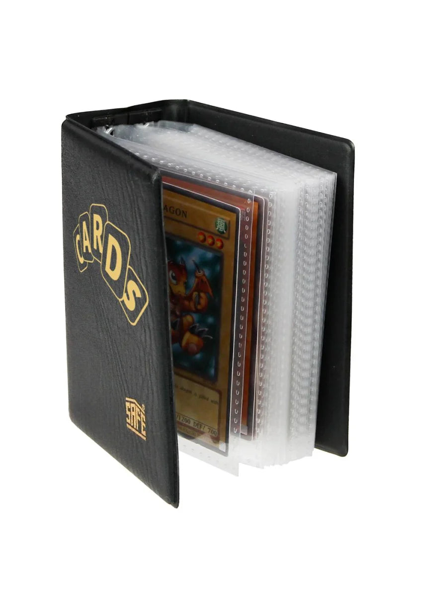 Black mini pocket trading card album with yellow text 'cards' & a SAFE logo and collectible trading card inside on a white background