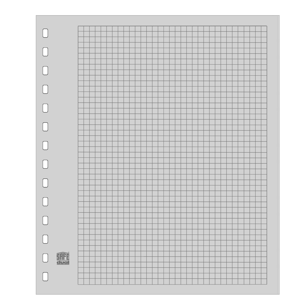 Illustration representing a grey album page with a grey border, grid & SAFE dual logo on a white background