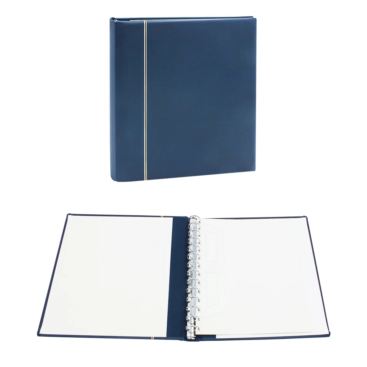 Blue collector album with a gold embossing alongside the same blue binder laid open on a white background