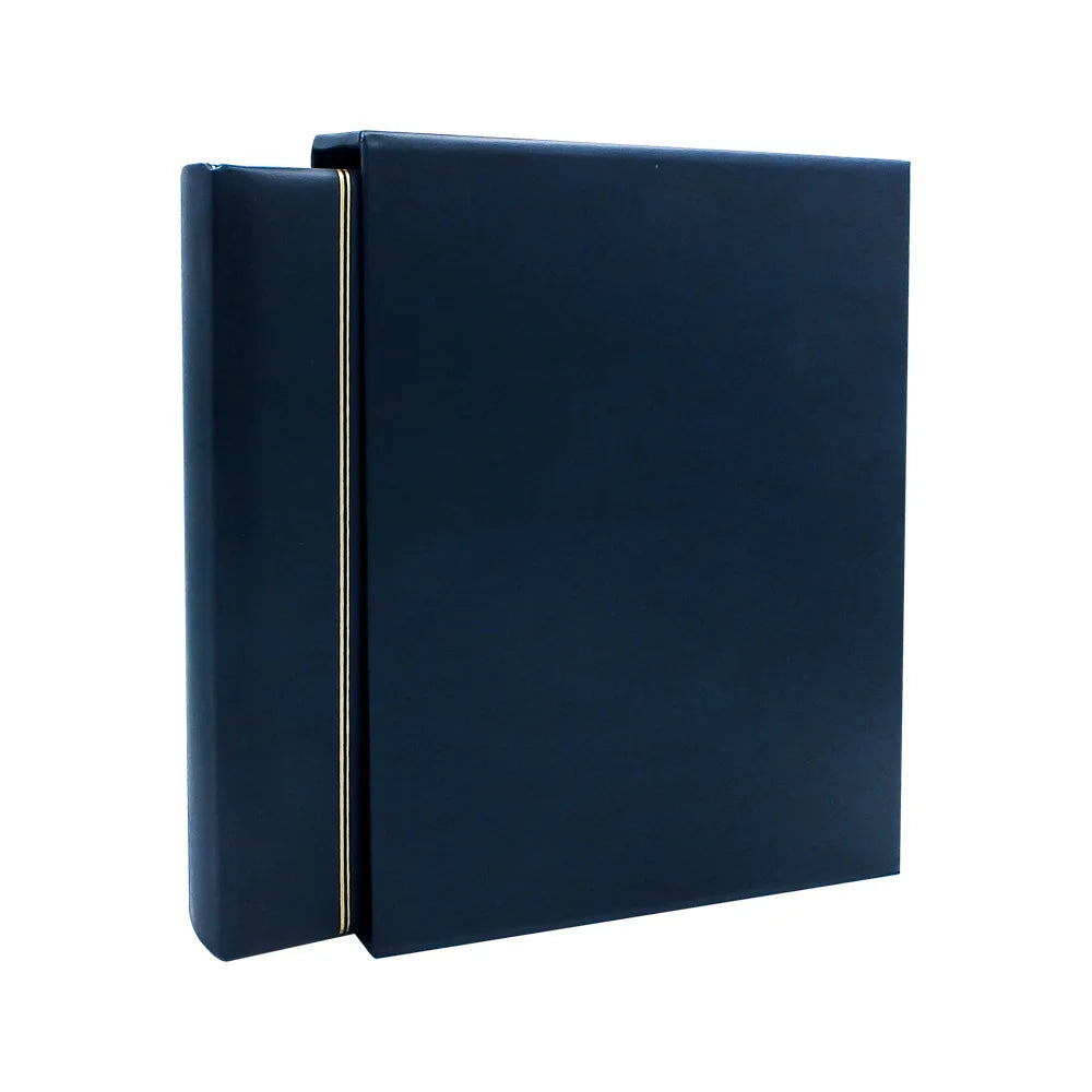 Blue collector album with a gold embossing halfway slid into a matching slipcase on a white background
