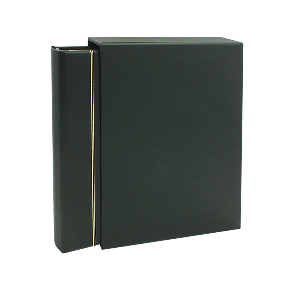 Green collector album with a gold embossing halfway slid into a matching slipcase on a white background