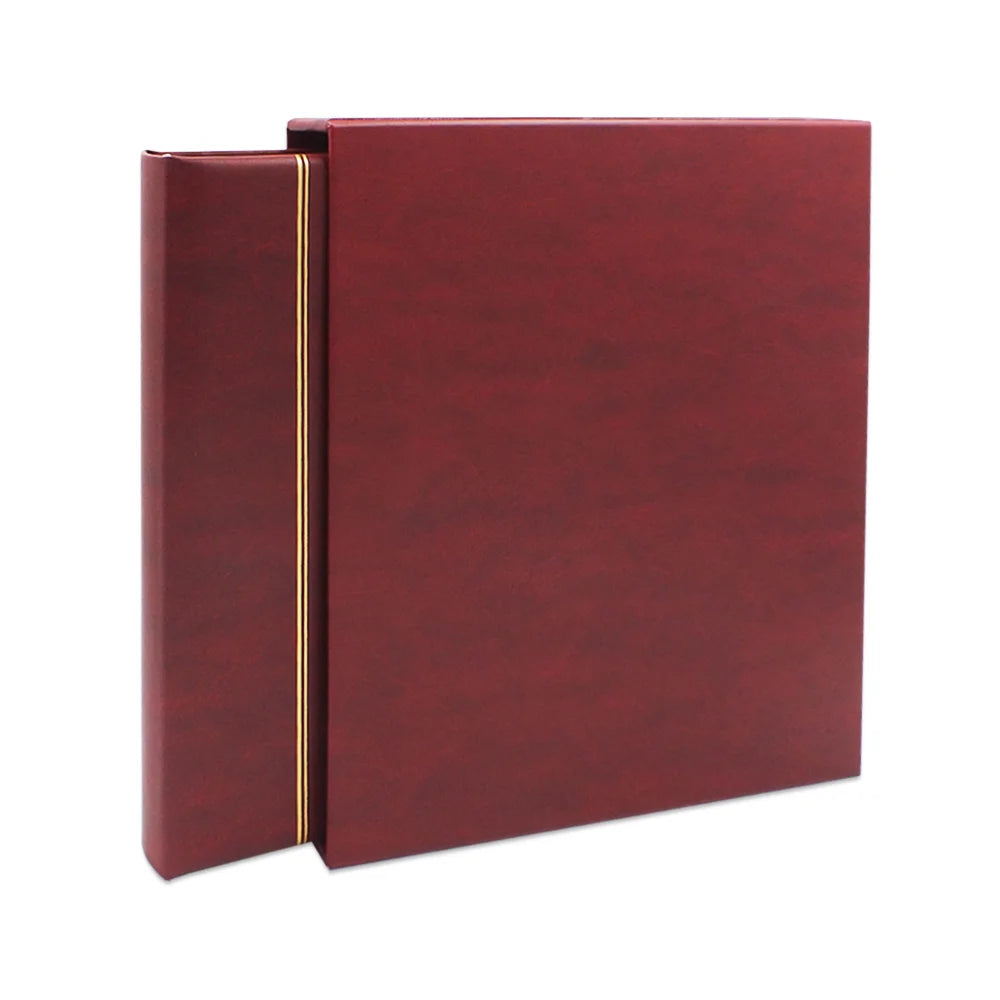 Red collector album with a gold embossing halfway slid into a matching slipcase on a white background