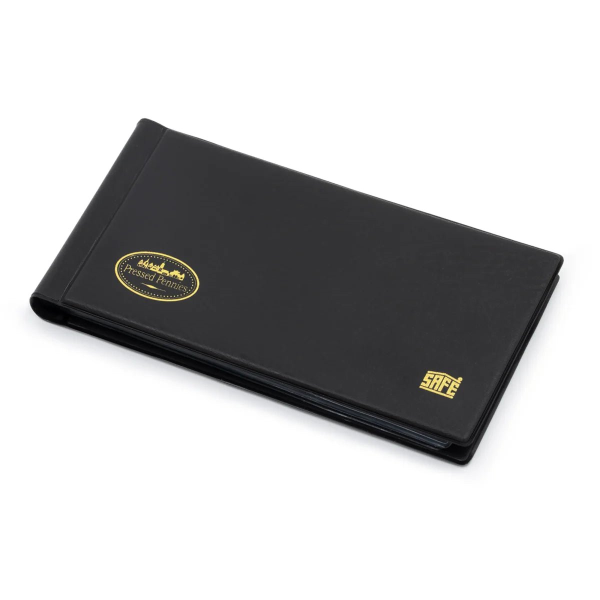 Closed black pressed penny coin album with gold emblem and gold SAFE logo on a white background