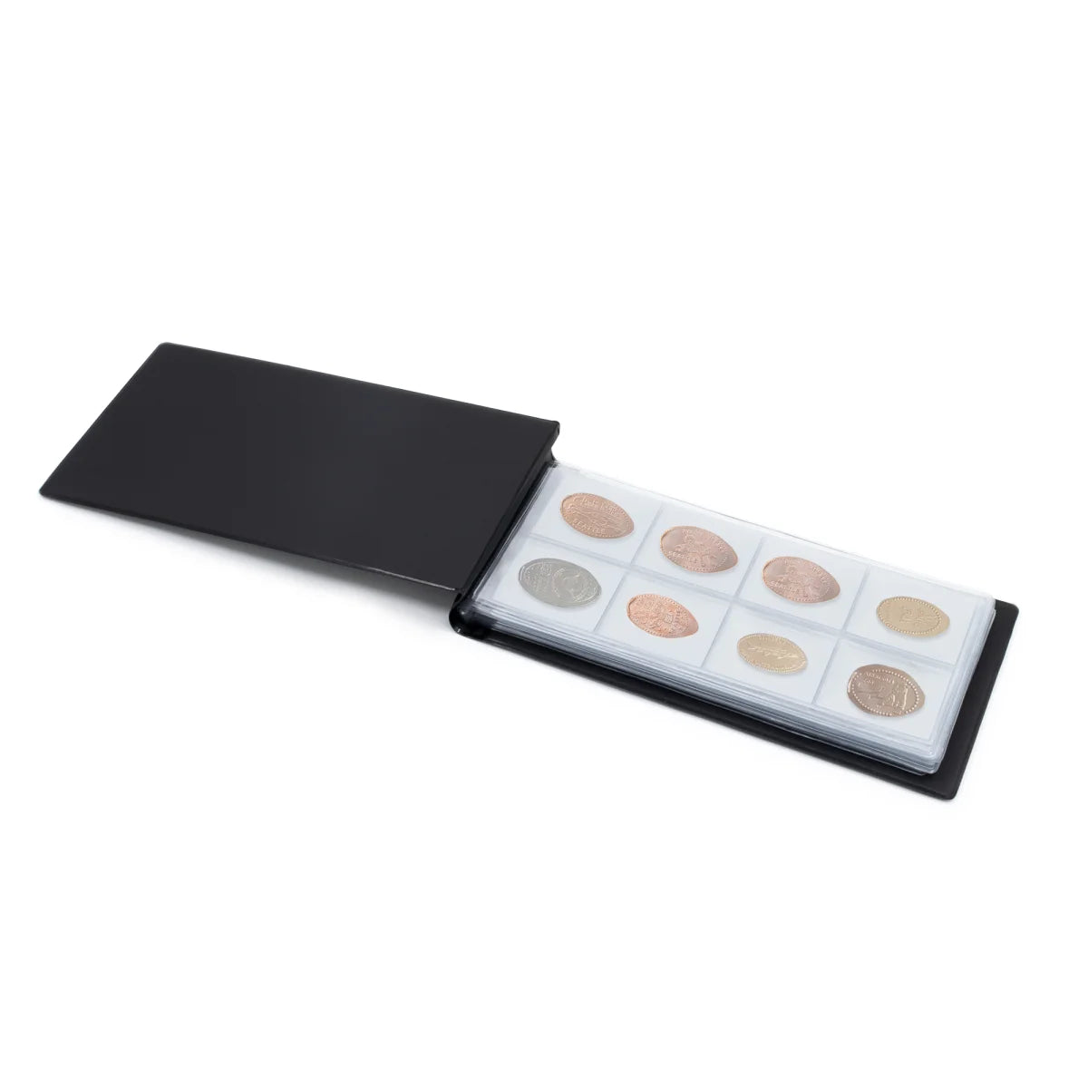 Open black pressed penny coin album displaying 8 pressed pennies inside each page compartment on a white background