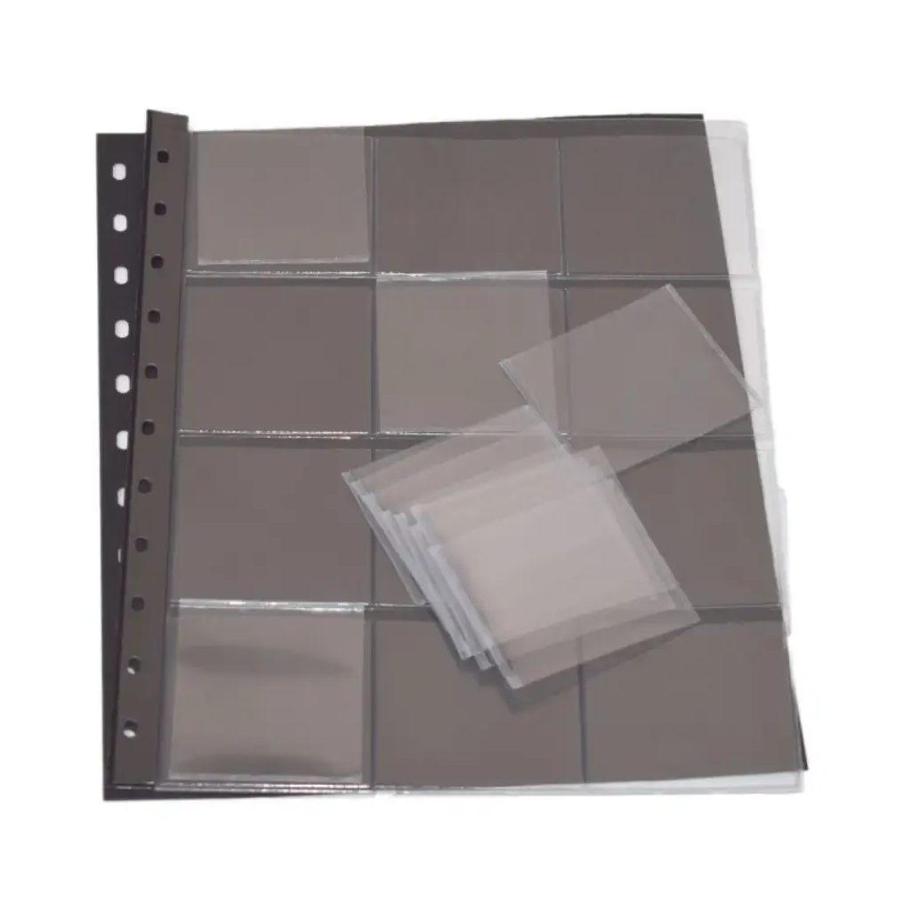 Clear polyester page with multiple compartments and each compartment has an individual removable pocket with a black interleaf on a white background