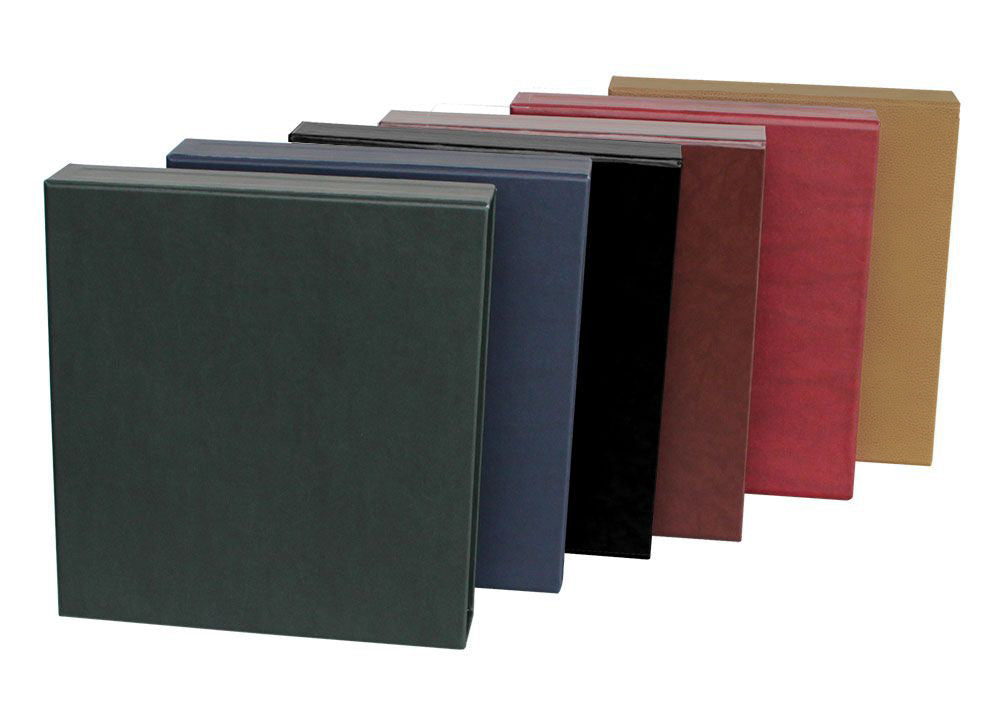 Set of slipcases in various colors arranged in a row on a white background