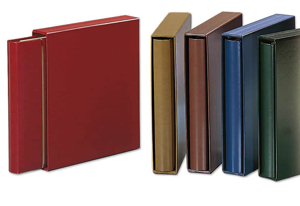 Set of six binders in different colors inside of matching slipcases on a white background
