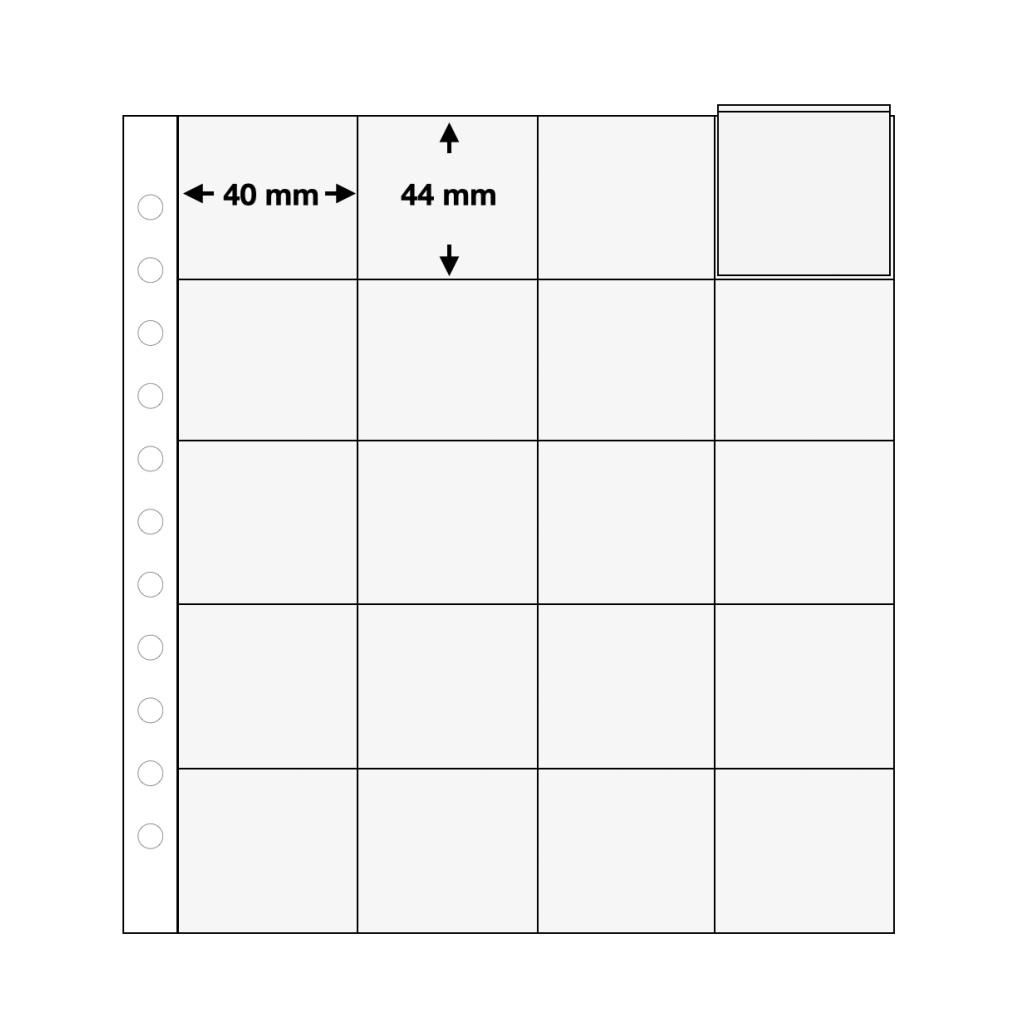 Illustration representing a transparent album page with individual pockets and pocket dimensions on a white background