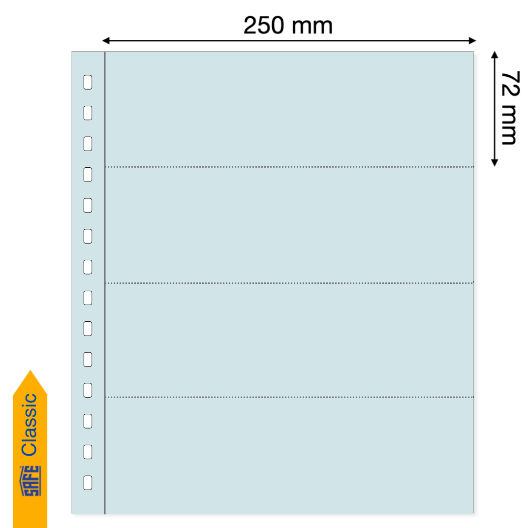 Light blue illustration representing a transparent album page with pocket dimensions on a white background