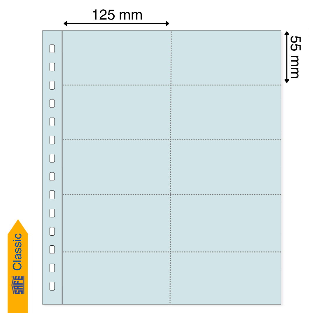 Light blue illustration representing a transparent album page with pocket dimensions on a white background