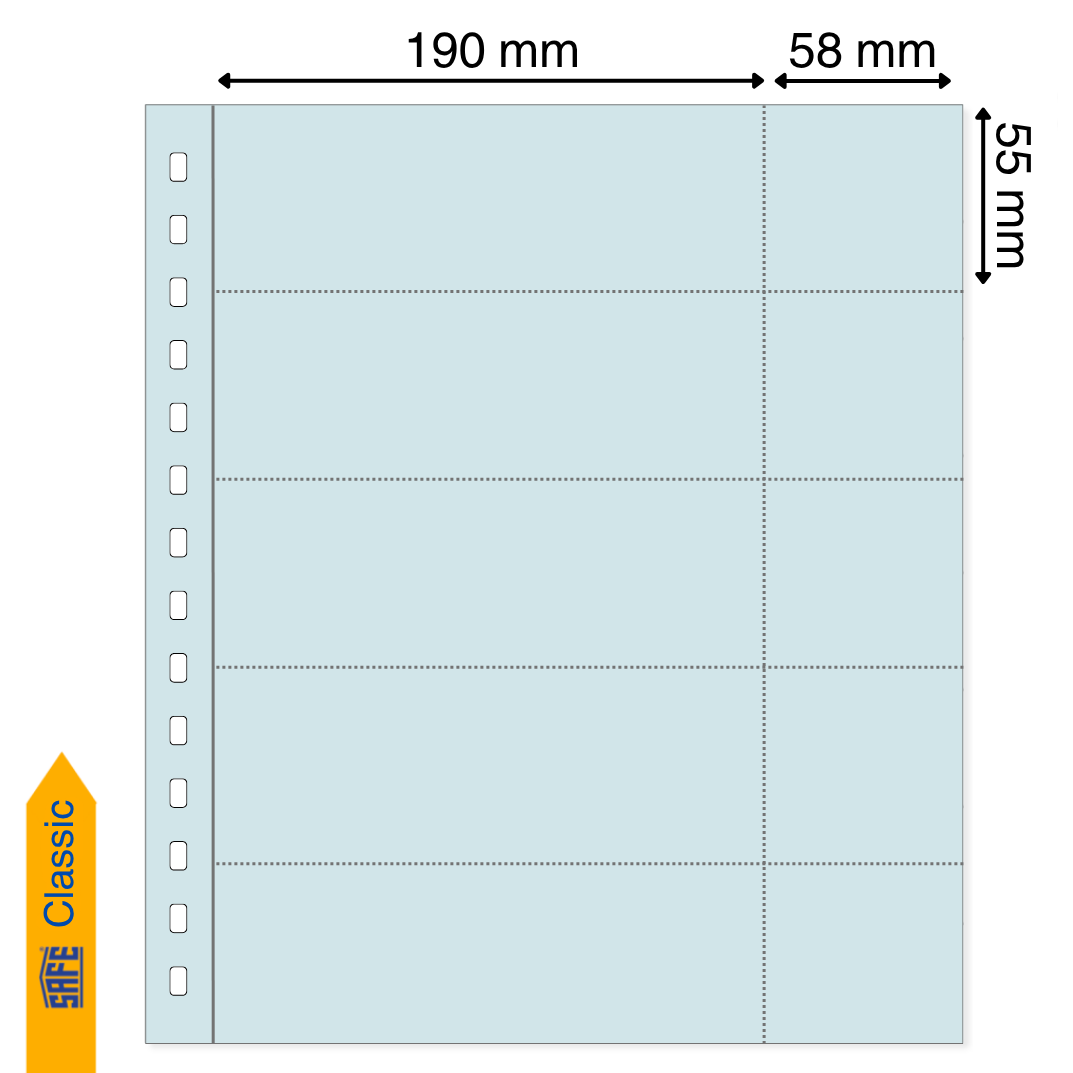 Light blue illustration representing a transparent album page with pocket dimensions on a white background