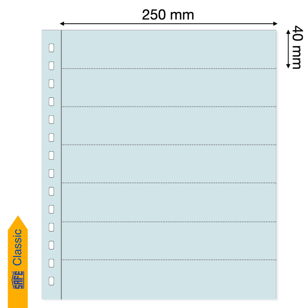 Light blue illustration representing a transparent album page with pocket dimensions on a white background