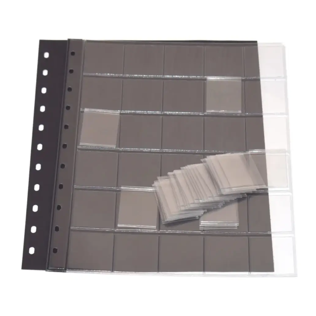 Clear polyester page with multiple compartments and each compartment has an individual removable pocket with a black interleaf on a white background