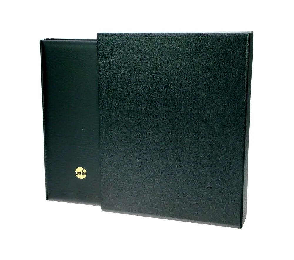 Black coin album with the word 'coin' on it inserted halfway into the matching slipcase on a white background