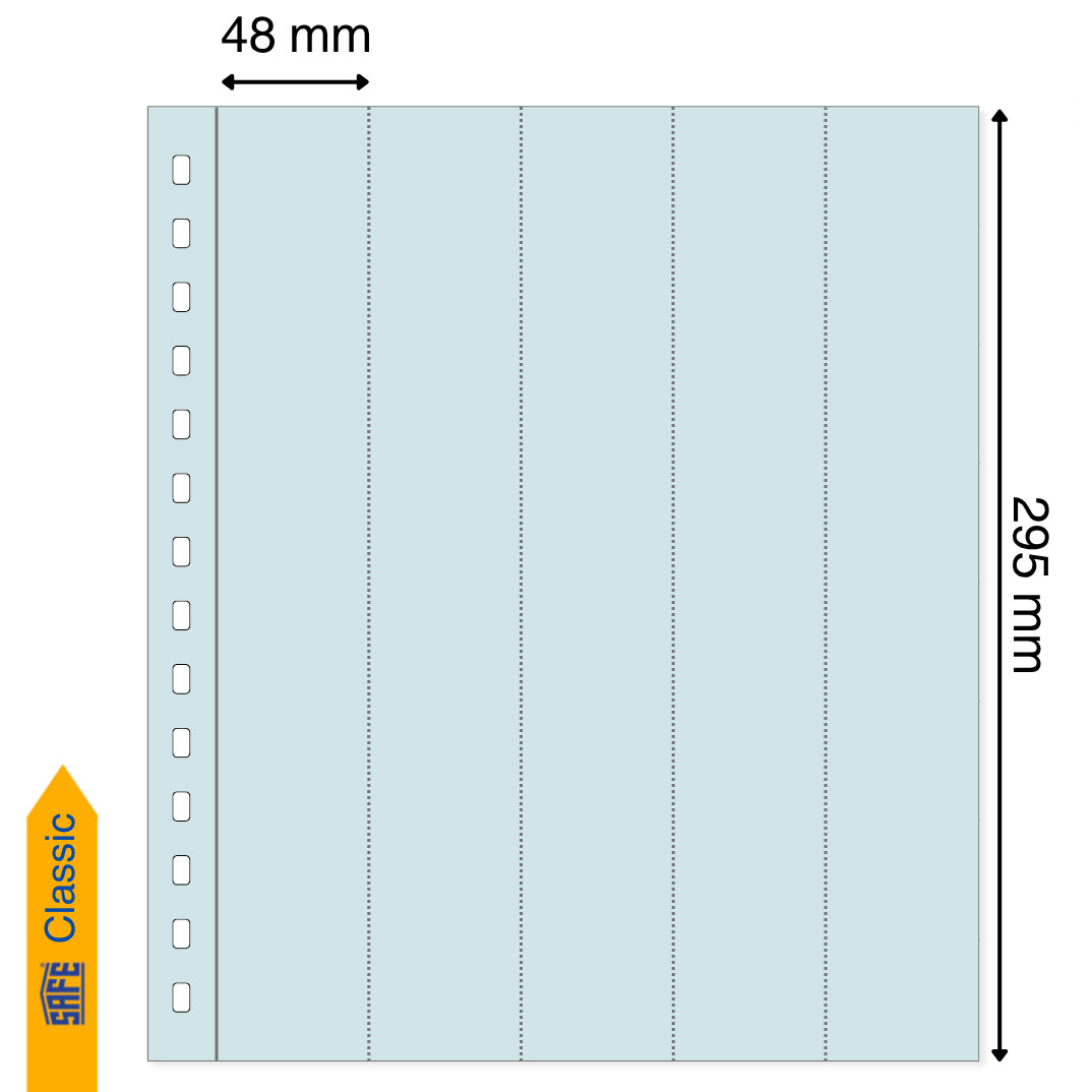 Light blue illustration representing a transparent album page with pocket dimensions on a white background