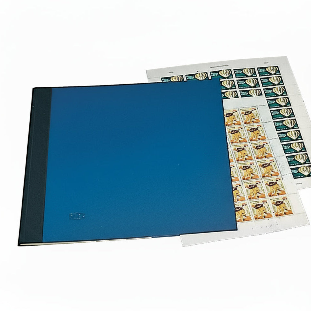 Blue mint sheet stamp portfolio folder with two sheet of stamps coming out of it, on a white background