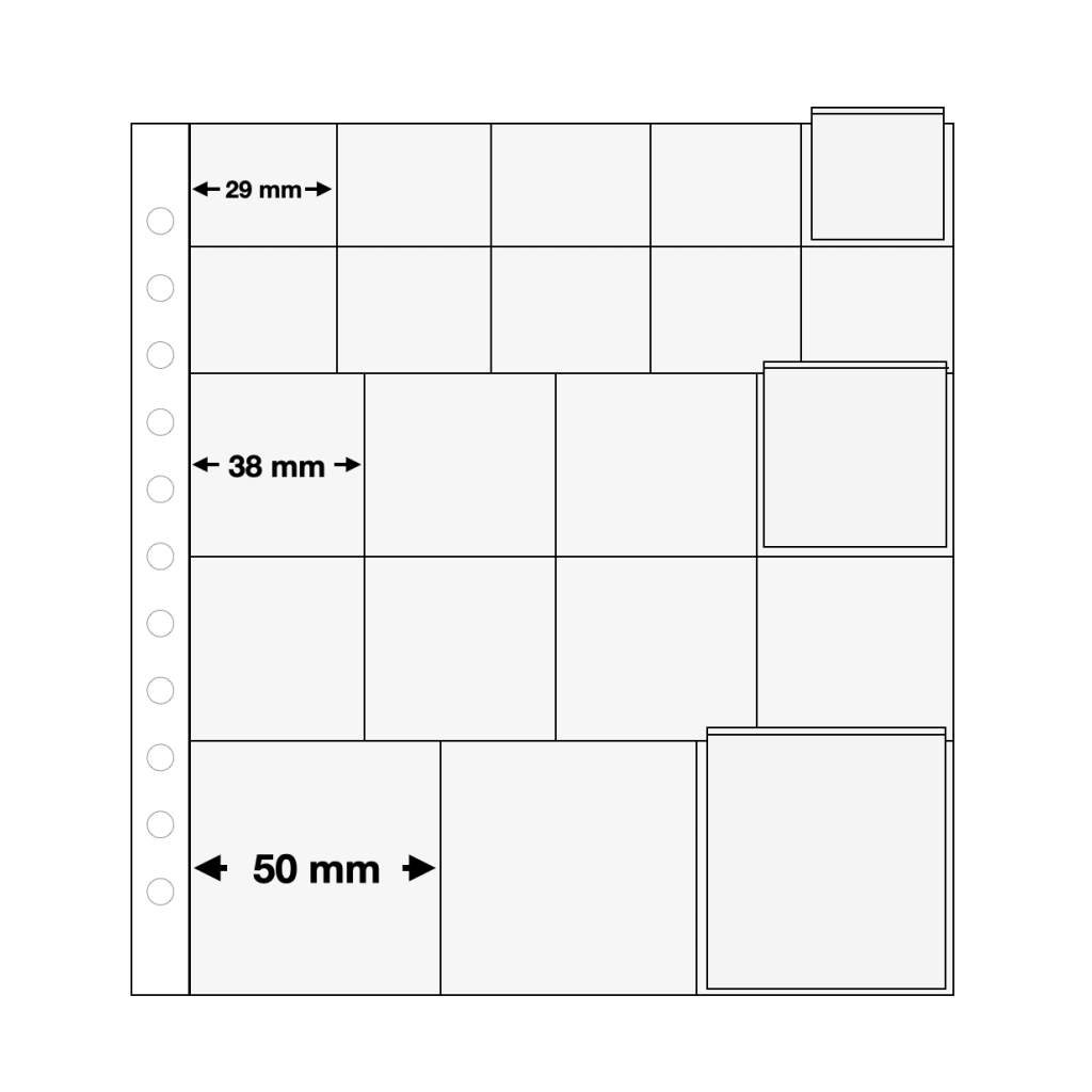 Illustration representing a transparent album page with individual pockets and pocket dimensions on a white background