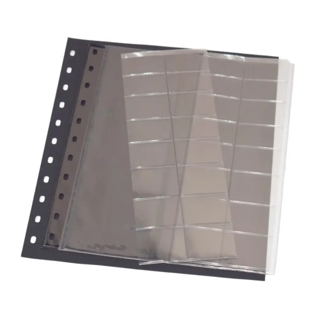 Clear polyester page with multiple compartments and each compartment has an individual removable pocket with a black interleaf on a white background