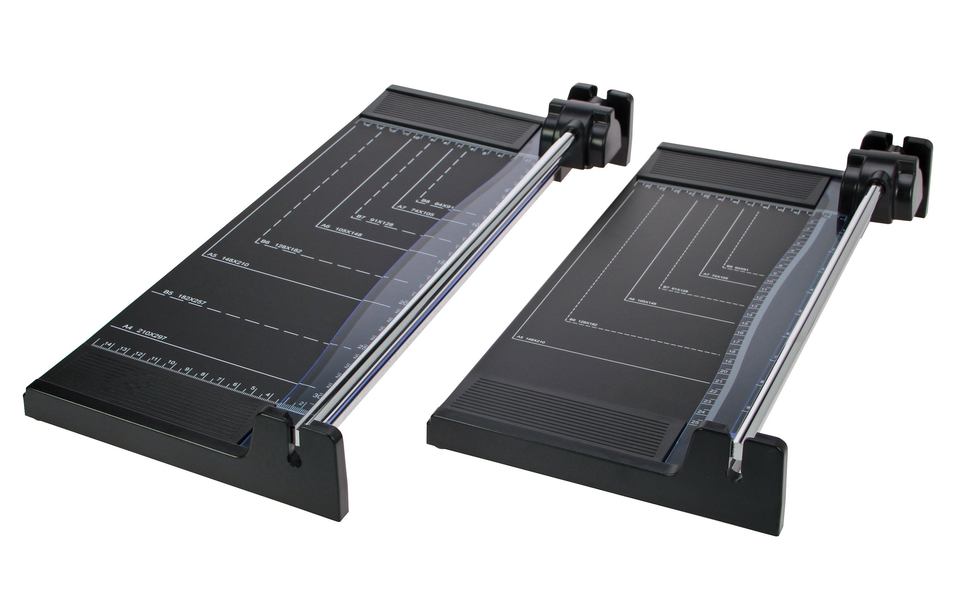 Two black paper trimmers with paper dimensions on the surface on a white background