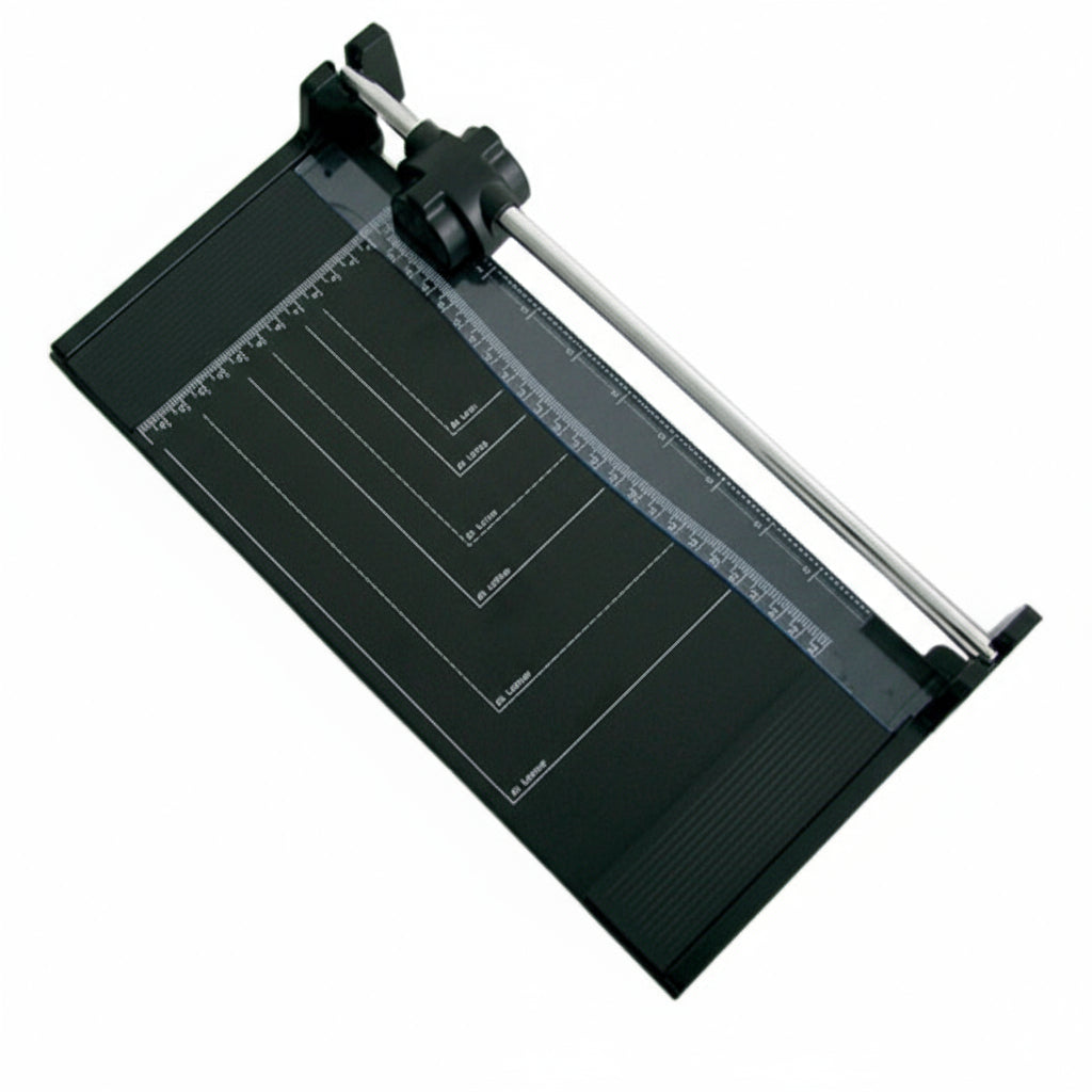 Paper trimmer / guillotine for stamp mounts with ruler on a white background