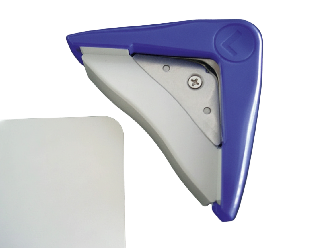 Blue and silver corner cutter used for stamp mounts, photos, documents etc. on a white background
