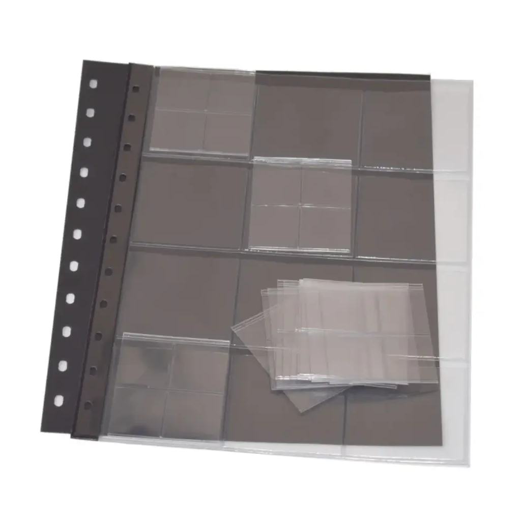 Clear polyester page with multiple compartments and each compartment has an individual removable pocket with a black interleaf on a white background