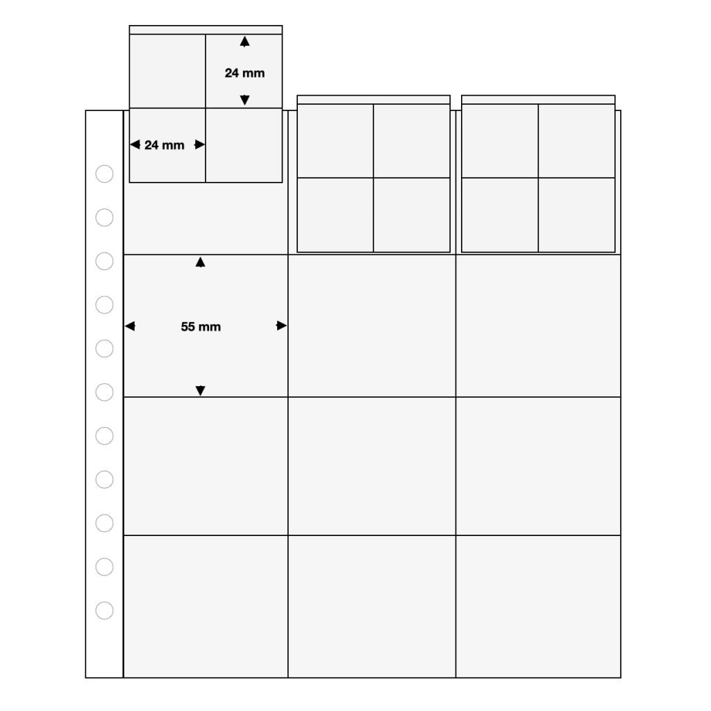 Illustration representing a transparent album page with individual pockets and pocket dimensions on a white background