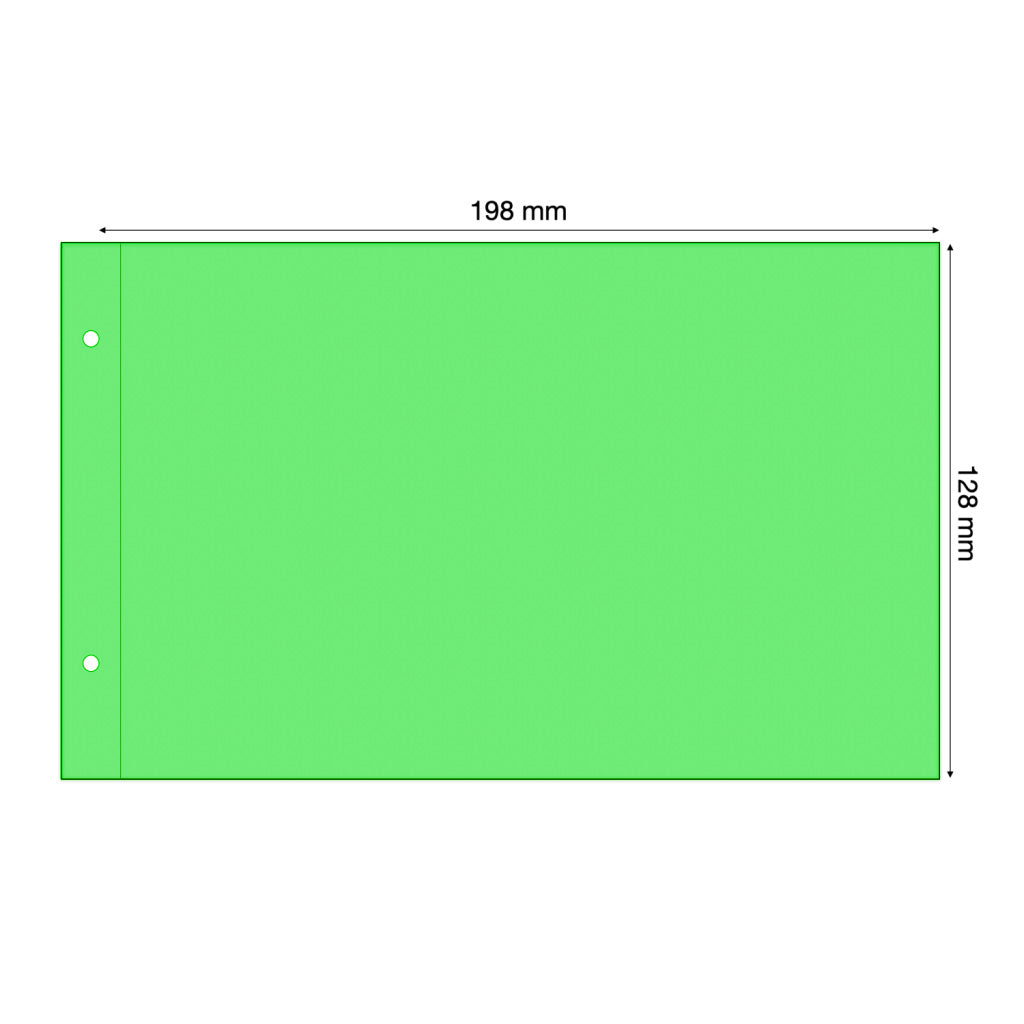 Illustration representing a green album page with pocket dimensions on a white background