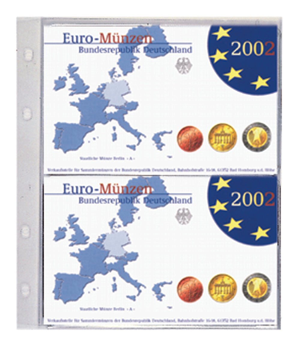 Two Euro coin proof sets with a map of Europe inside a transparent album page on a white background
